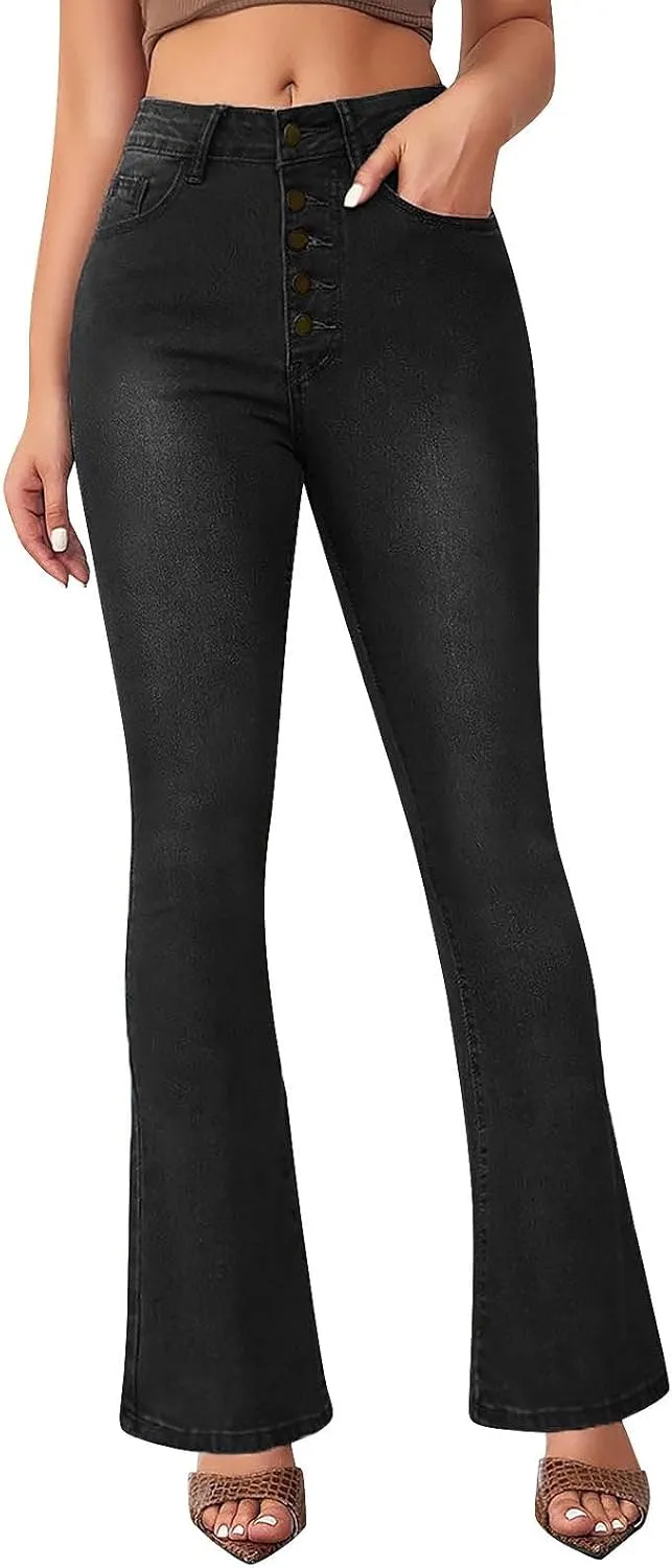 Womens Bell Bottom Jeans Wide Leg Slimming Flare Jeans High Waisted Bootcut Pockets Dress Pants Tummy Control