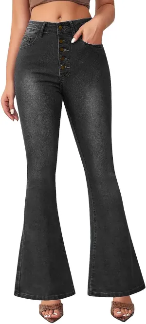 Womens Bell Bottom Jeans Wide Leg Slimming Flare Jeans High Waisted Bootcut Pockets Dress Pants Tummy Control