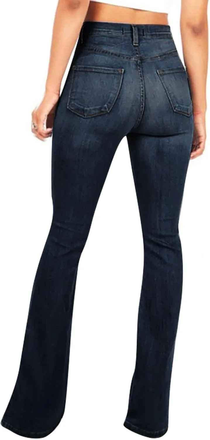 Womens Bell Bottom Jeans Wide Leg Slimming Flare Jeans High Waisted Bootcut Pockets Dress Pants Tummy Control