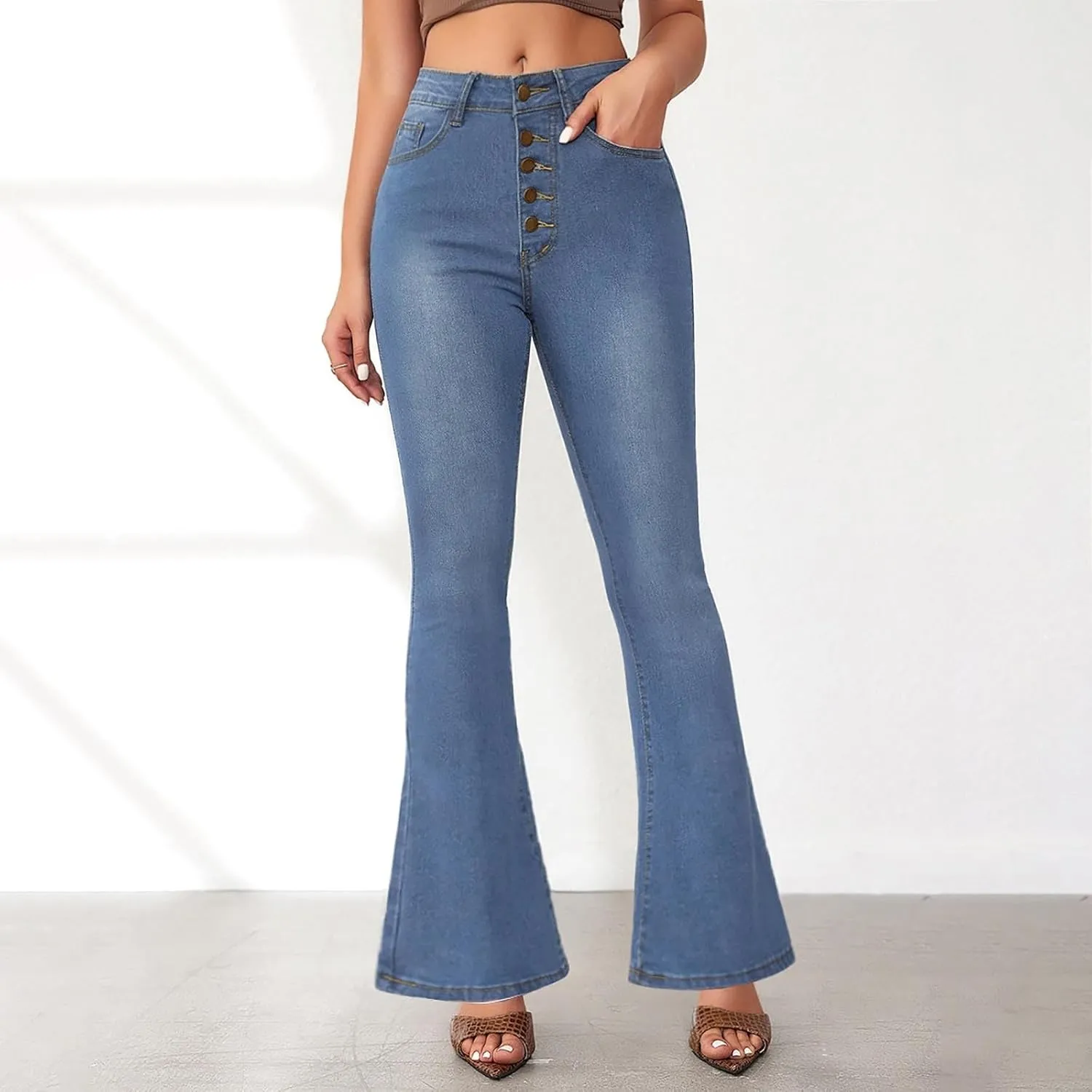 Womens Bell Bottom Jeans Wide Leg Slimming Flare Jeans High Waisted Bootcut Pockets Dress Pants Tummy Control