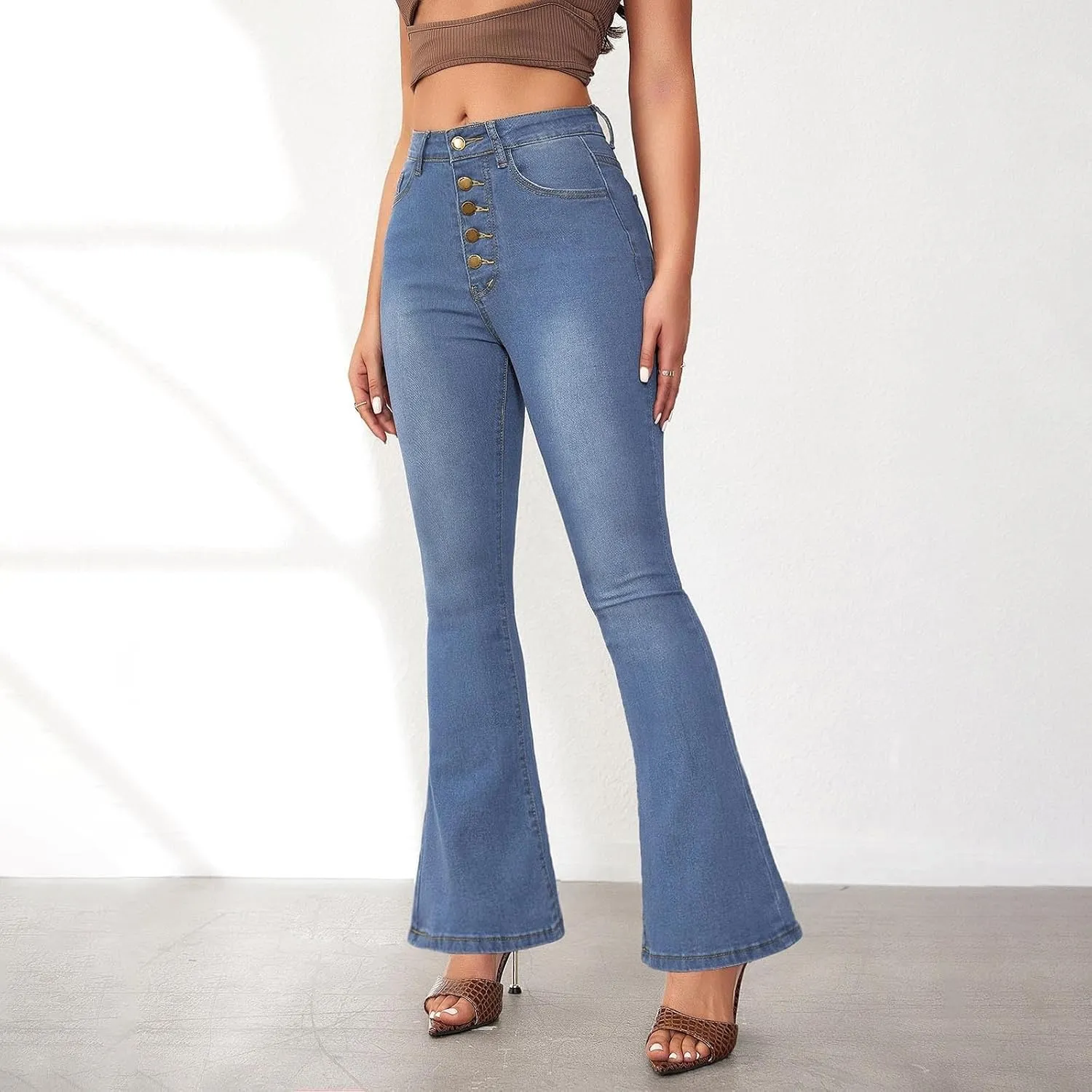 Womens Bell Bottom Jeans Wide Leg Slimming Flare Jeans High Waisted Bootcut Pockets Dress Pants Tummy Control