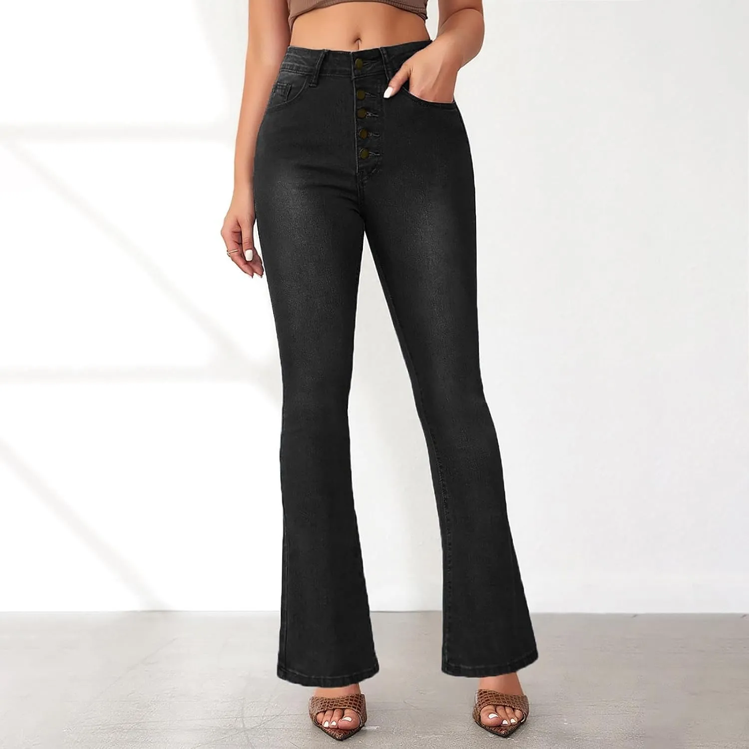 Womens Bell Bottom Jeans Wide Leg Slimming Flare Jeans High Waisted Bootcut Pockets Dress Pants Tummy Control