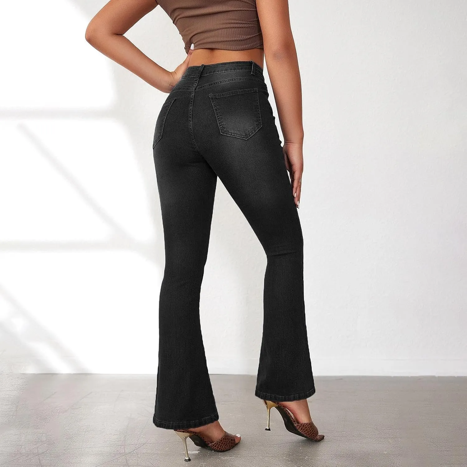 Womens Bell Bottom Jeans Wide Leg Slimming Flare Jeans High Waisted Bootcut Pockets Dress Pants Tummy Control