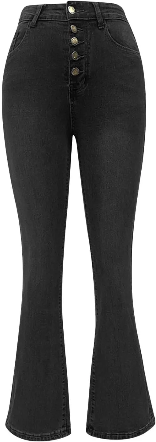Womens Bell Bottom Jeans Wide Leg Slimming Flare Jeans High Waisted Bootcut Pockets Dress Pants Tummy Control
