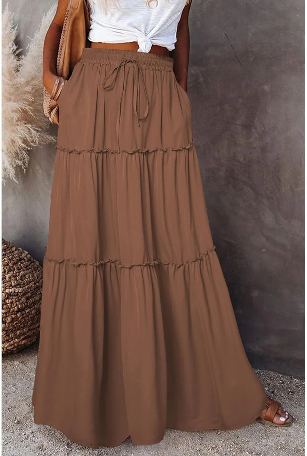 Womens Bohemian Long Maxi Skirt Elastic High Waist Flowy Swing A Line Ruffle Tiered Maxi Skirt Long Beach Skirts