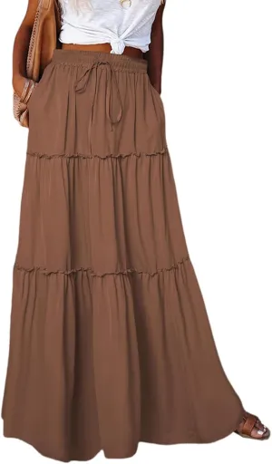 Womens Bohemian Long Maxi Skirt Elastic High Waist Flowy Swing A Line Ruffle Tiered Maxi Skirt Long Beach Skirts