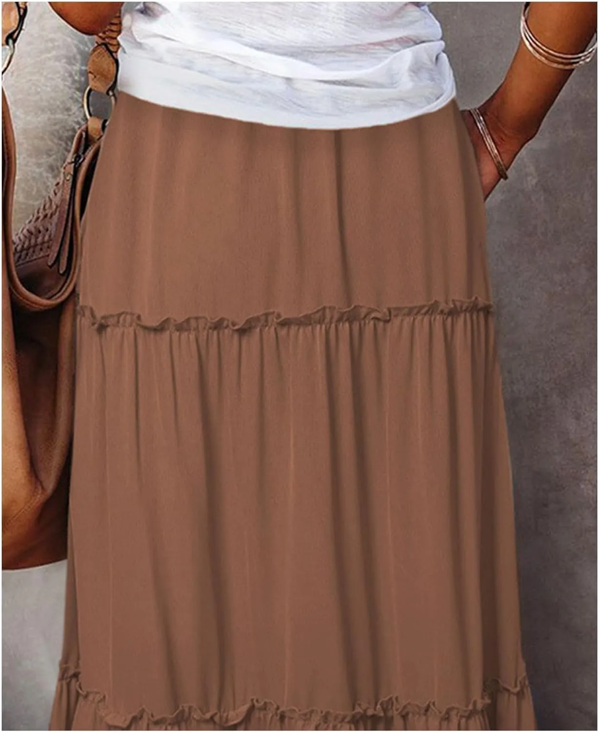 Womens Bohemian Long Maxi Skirt Elastic High Waist Flowy Swing A Line Ruffle Tiered Maxi Skirt Long Beach Skirts