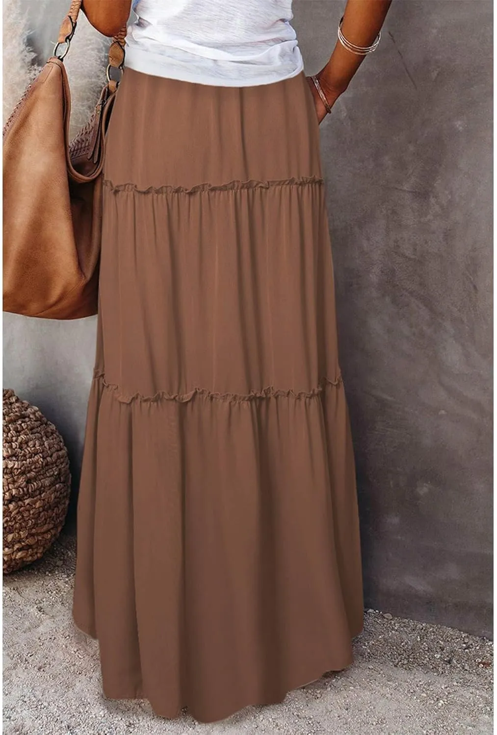 Womens Bohemian Long Maxi Skirt Elastic High Waist Flowy Swing A Line Ruffle Tiered Maxi Skirt Long Beach Skirts