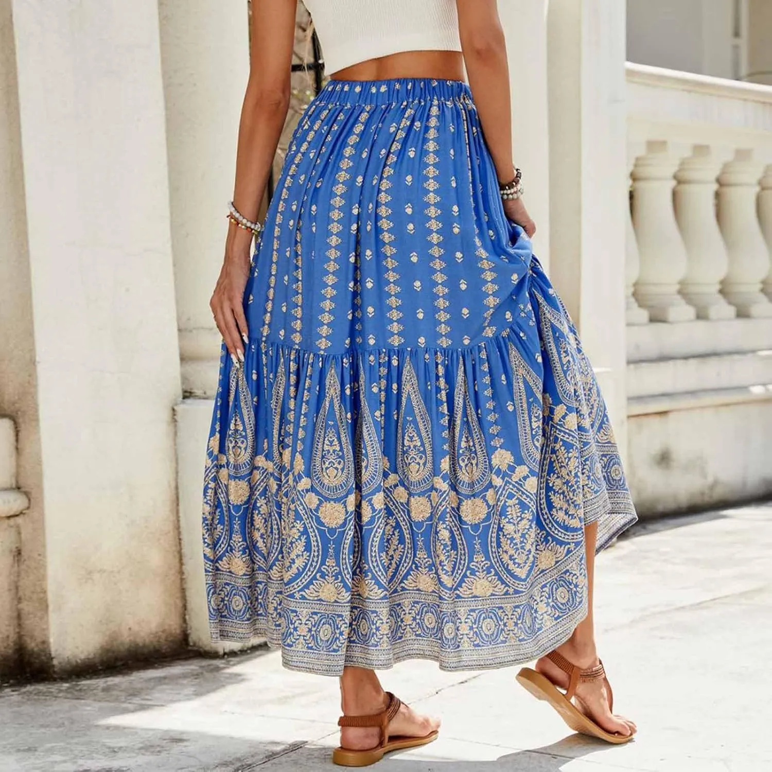 Womens Boho Maxi Skirts Summer Casual Cotton Floral A-Line Flowy Swing Drawstring High Waist Tiered Long Skirt