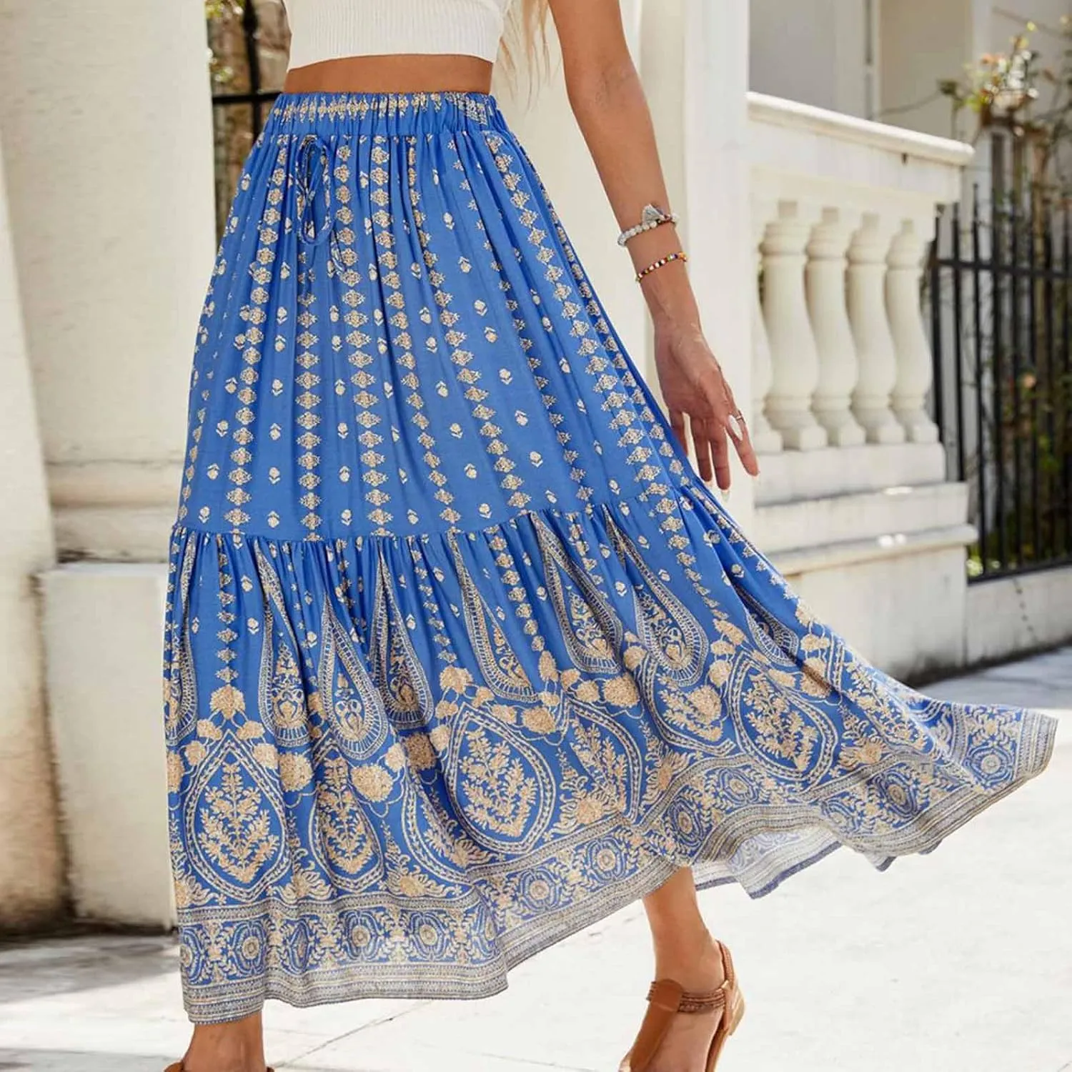 Womens Boho Maxi Skirts Summer Casual Cotton Floral A-Line Flowy Swing Drawstring High Waist Tiered Long Skirt