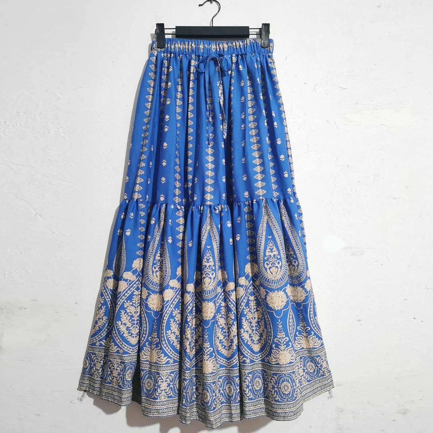 Womens Boho Maxi Skirts Summer Casual Cotton Floral A-Line Flowy Swing Drawstring High Waist Tiered Long Skirt
