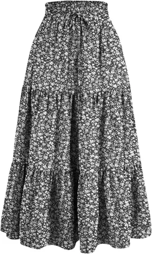 Women's Boho Skirt Casual Elastic High Waist Maxi Floral Print Skirts Summer Flowy A Line Beach Long Outfits Dress