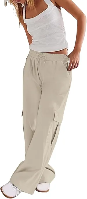 Womens Cargo Pants Casual High Waist Stretch Drawstring Straight Wide Leg Trousers Summer Baggy Trousers with Pockets