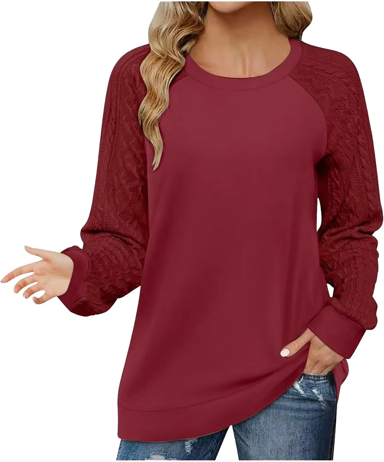 Womens Casual Hoodie Sweater Loose Crewneck Ribbed Knit Patchwork Long Sleeve Dressy Tops Solid Commute Work Pullover