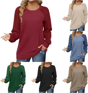 Womens Casual Hoodie Sweater Loose Crewneck Ribbed Knit Patchwork Long Sleeve Dressy Tops Solid Commute Work Pullover