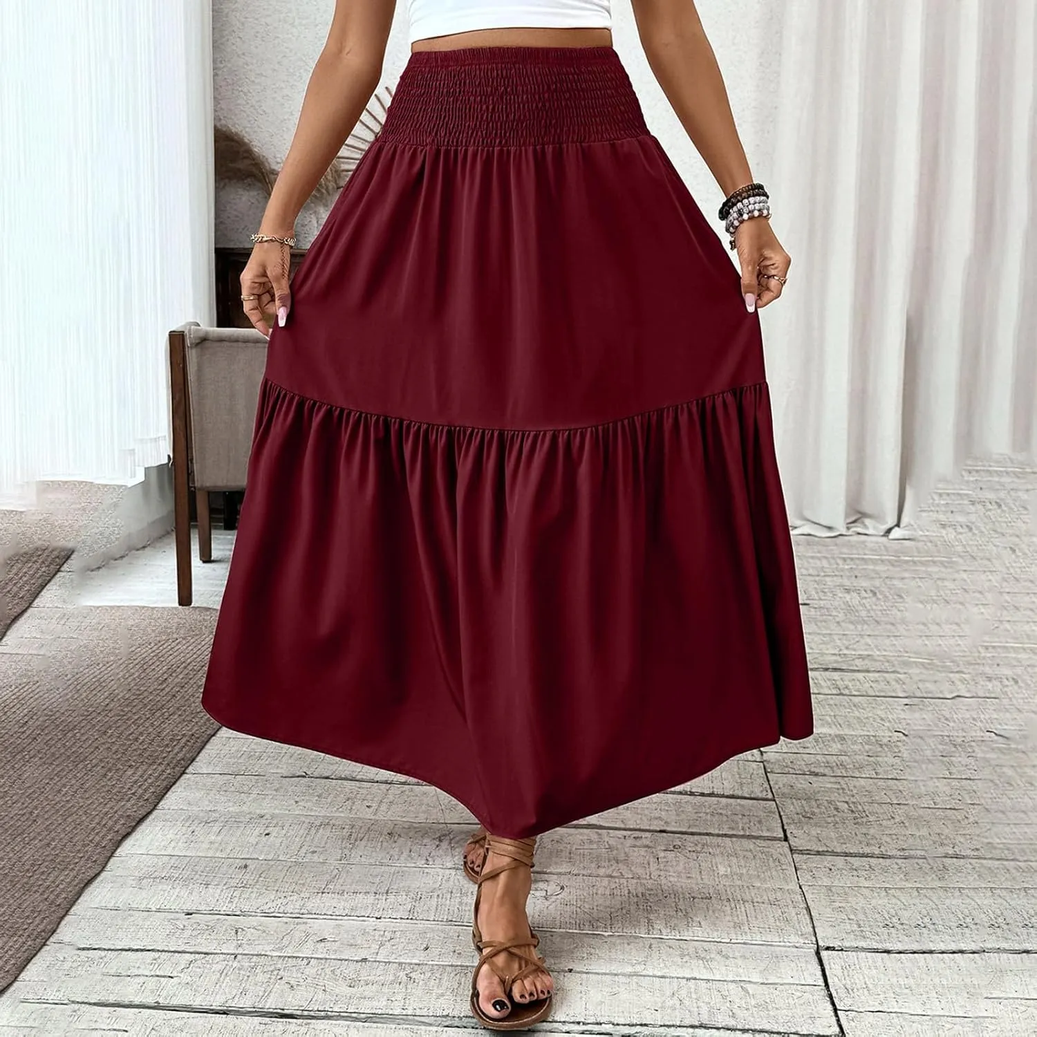 Womens Casual Maxi Skirt Elastic High Waist Flowy Swing Tiered A-line Dress Pleated Boho Vacation Long Skirts