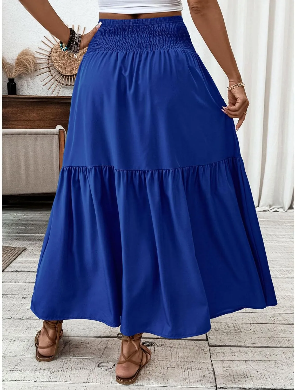 Womens Casual Maxi Skirt Elastic High Waist Flowy Swing Tiered A-line Dress Pleated Boho Vacation Long Skirts