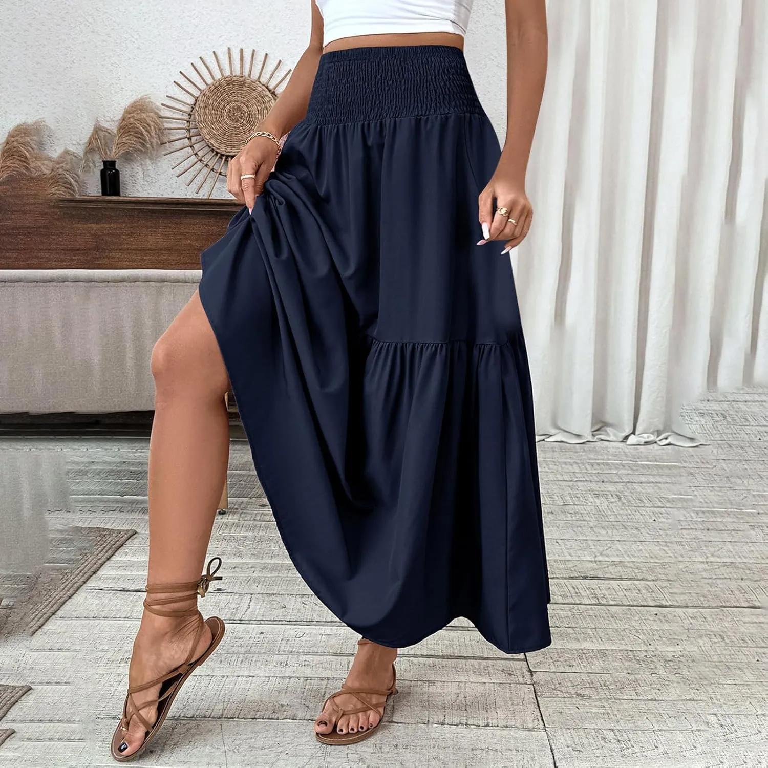 Womens Casual Maxi Skirt Elastic High Waist Flowy Swing Tiered A-line Dress Pleated Boho Vacation Long Skirts