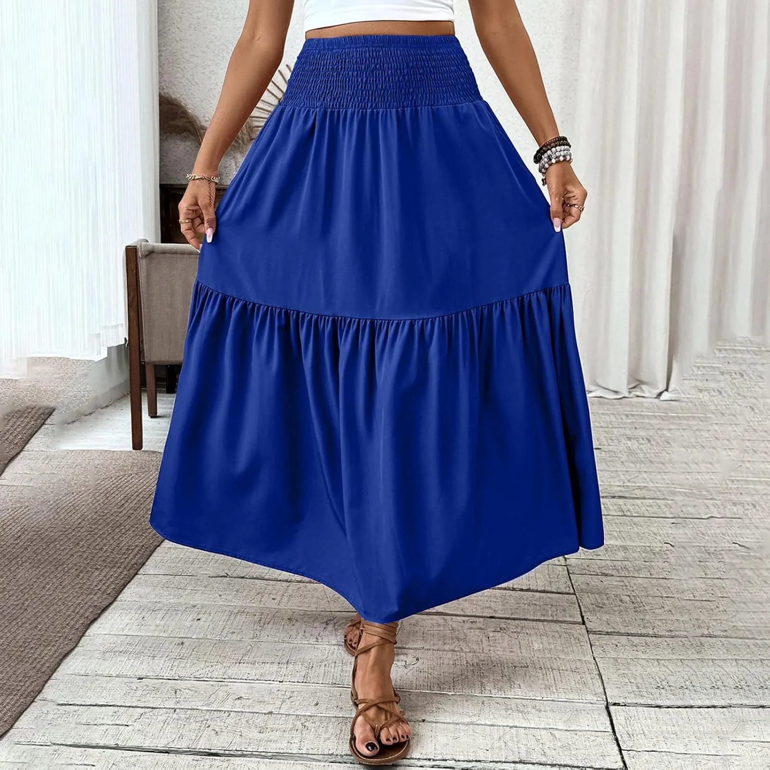 Womens Casual Maxi Skirt Elastic High Waist Flowy Swing Tiered A-line Dress Pleated Boho Vacation Long Skirts