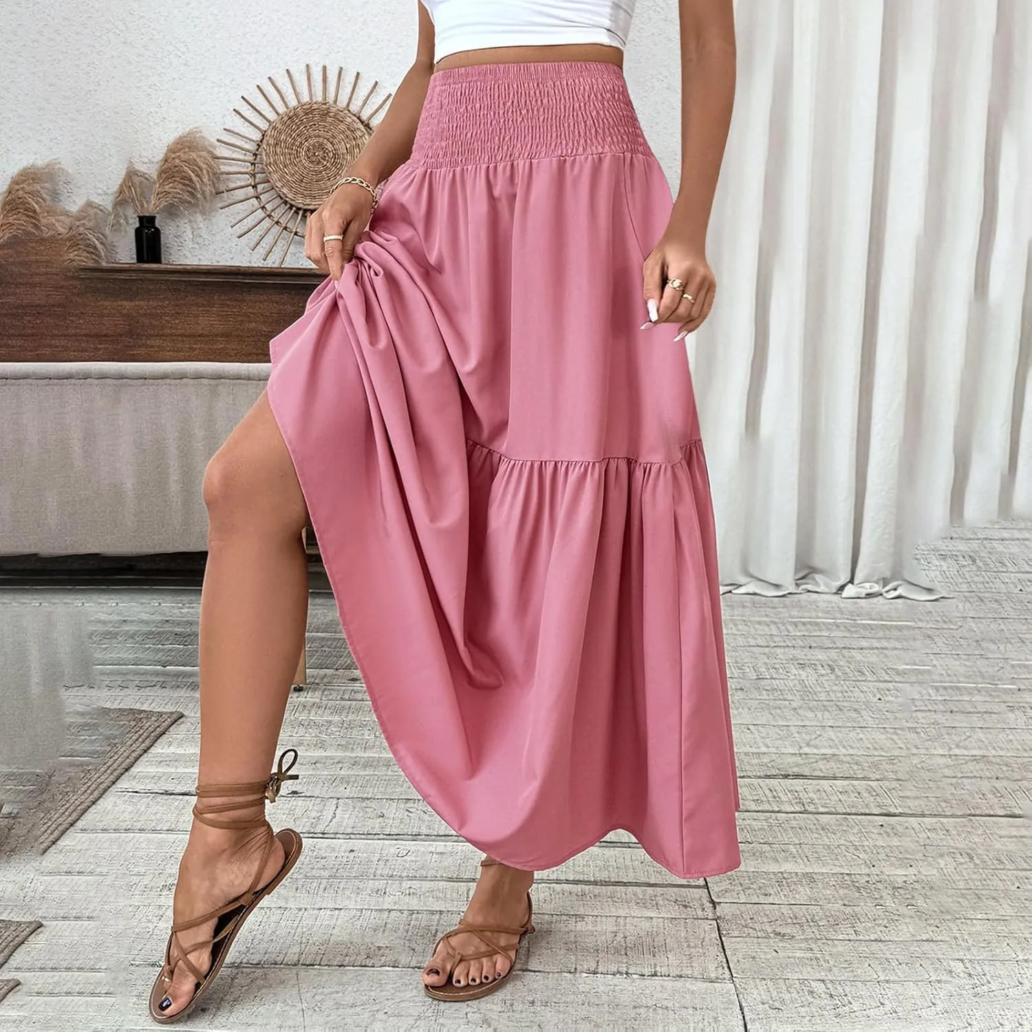 Womens Casual Maxi Skirt Elastic High Waist Flowy Swing Tiered A-line Dress Pleated Boho Vacation Long Skirts