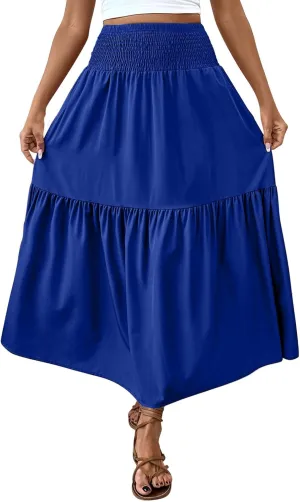 Womens Casual Maxi Skirt Elastic High Waist Flowy Swing Tiered A-line Dress Pleated Boho Vacation Long Skirts