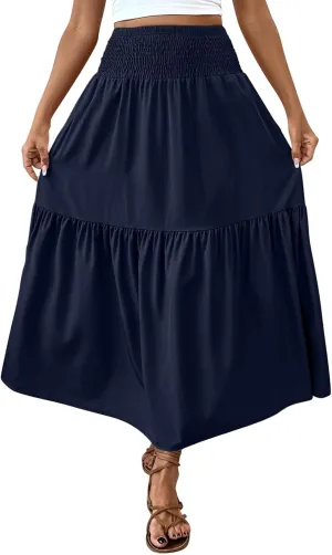 Womens Casual Maxi Skirt Elastic High Waist Flowy Swing Tiered A-line Dress Pleated Boho Vacation Long Skirts
