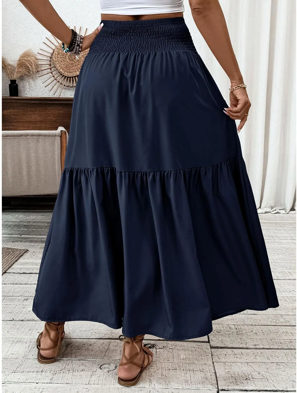 Womens Casual Maxi Skirt Elastic High Waist Flowy Swing Tiered A-line Dress Pleated Boho Vacation Long Skirts