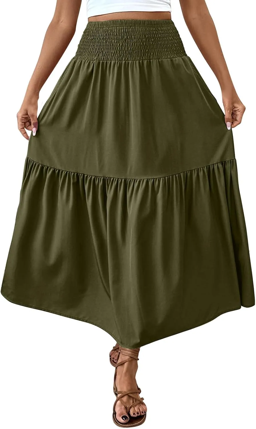 Womens Casual Maxi Skirt Elastic High Waist Flowy Swing Tiered A-line Dress Pleated Boho Vacation Long Skirts