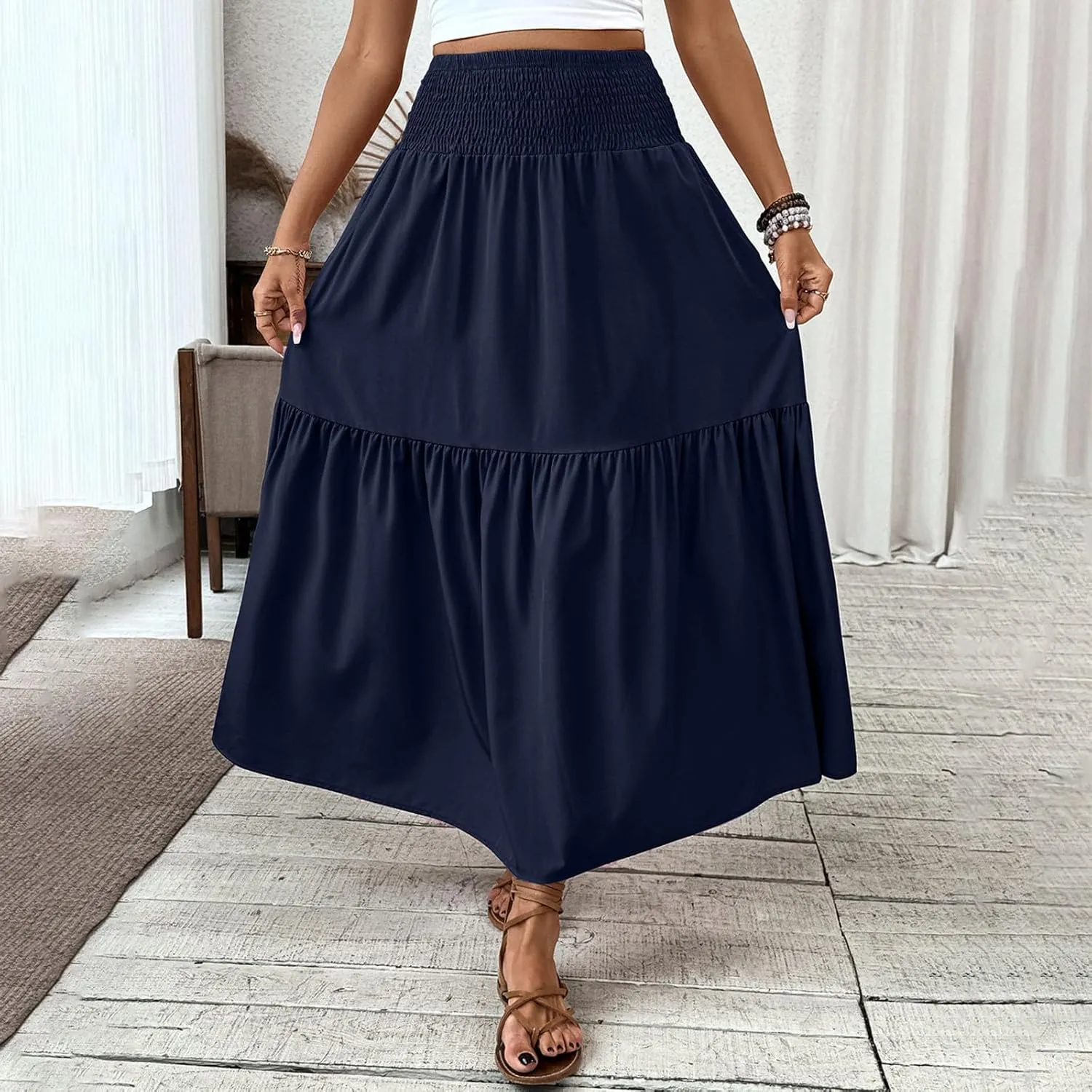 Womens Casual Maxi Skirt Elastic High Waist Flowy Swing Tiered A-line Dress Pleated Boho Vacation Long Skirts
