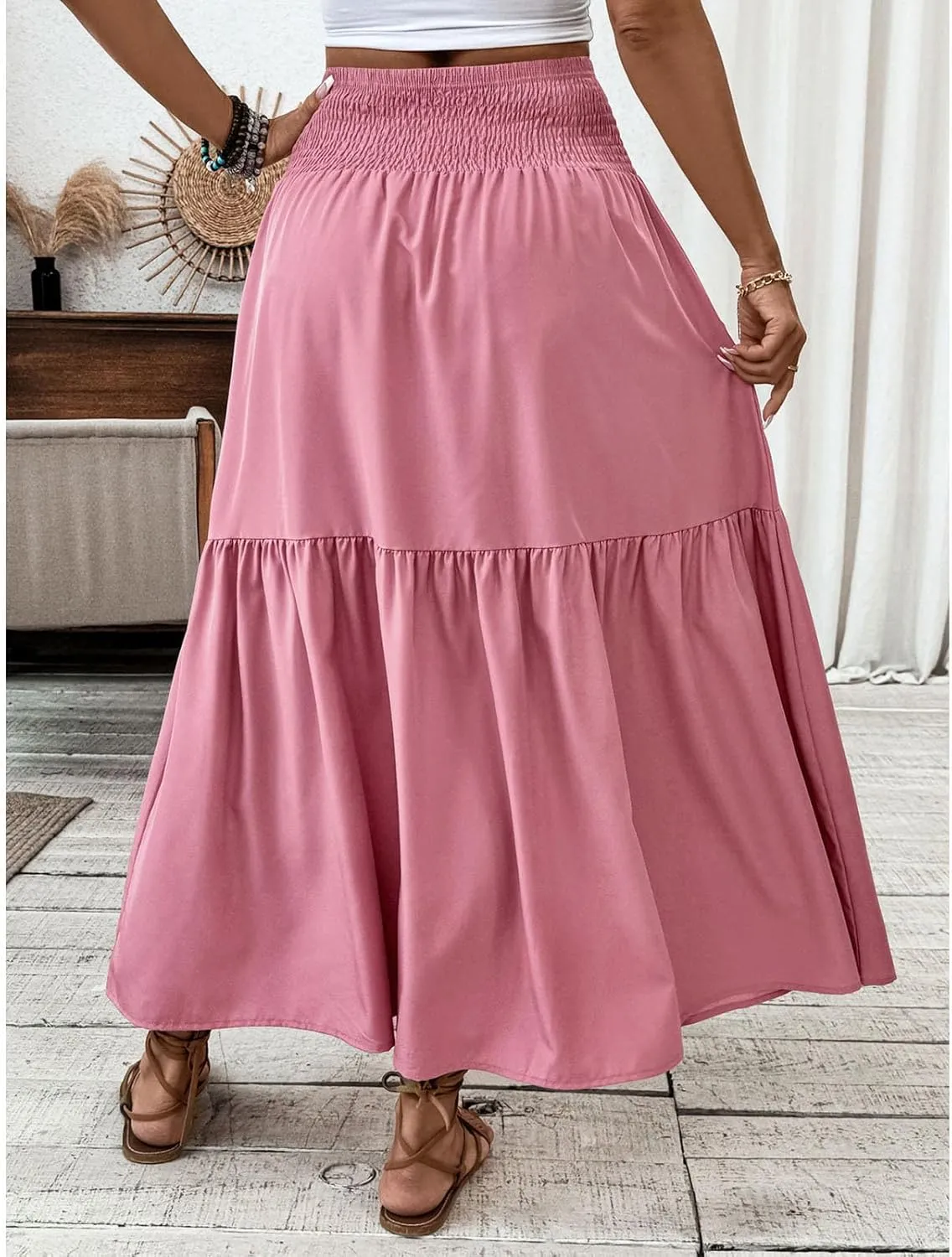 Womens Casual Maxi Skirt Elastic High Waist Flowy Swing Tiered A-line Dress Pleated Boho Vacation Long Skirts