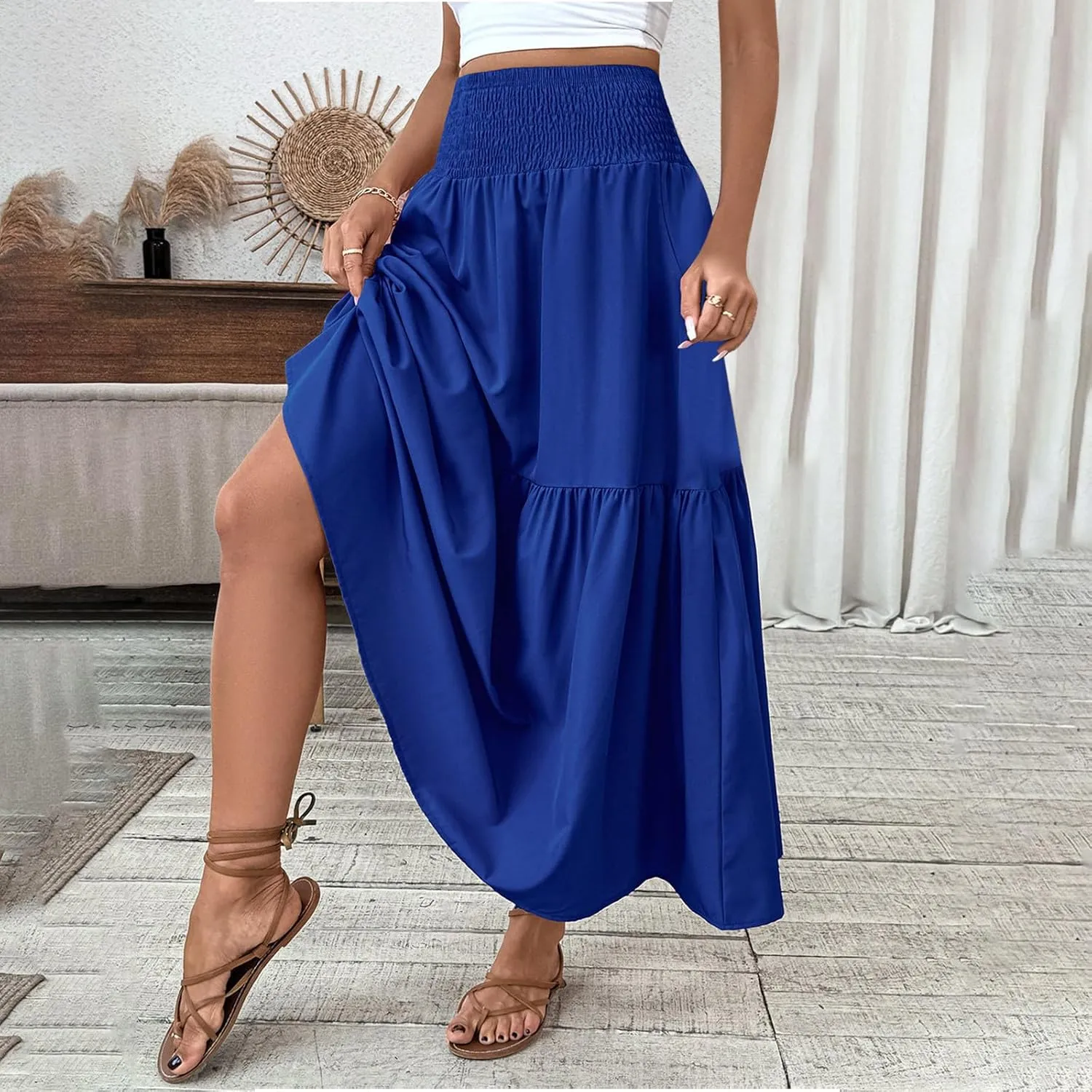 Womens Casual Maxi Skirt Elastic High Waist Flowy Swing Tiered A-line Dress Pleated Boho Vacation Long Skirts
