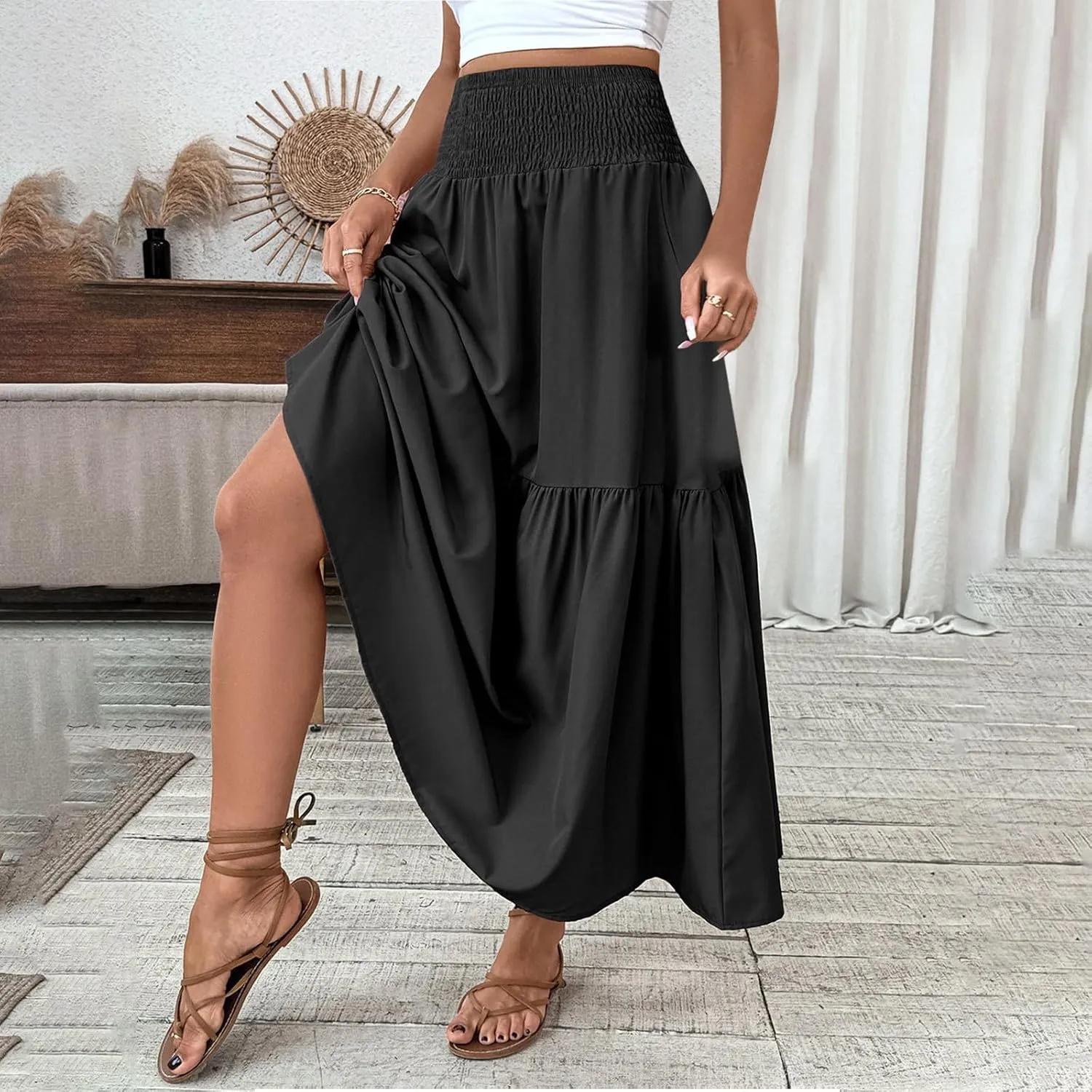 Womens Casual Maxi Skirt Elastic High Waist Flowy Swing Tiered A-line Dress Pleated Boho Vacation Long Skirts