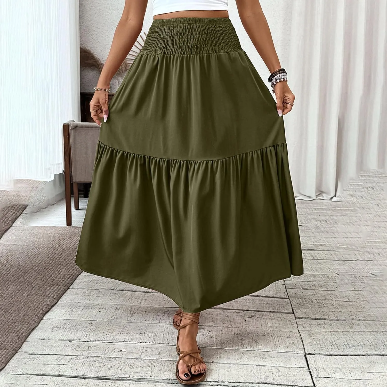 Womens Casual Maxi Skirt Elastic High Waist Flowy Swing Tiered A-line Dress Pleated Boho Vacation Long Skirts