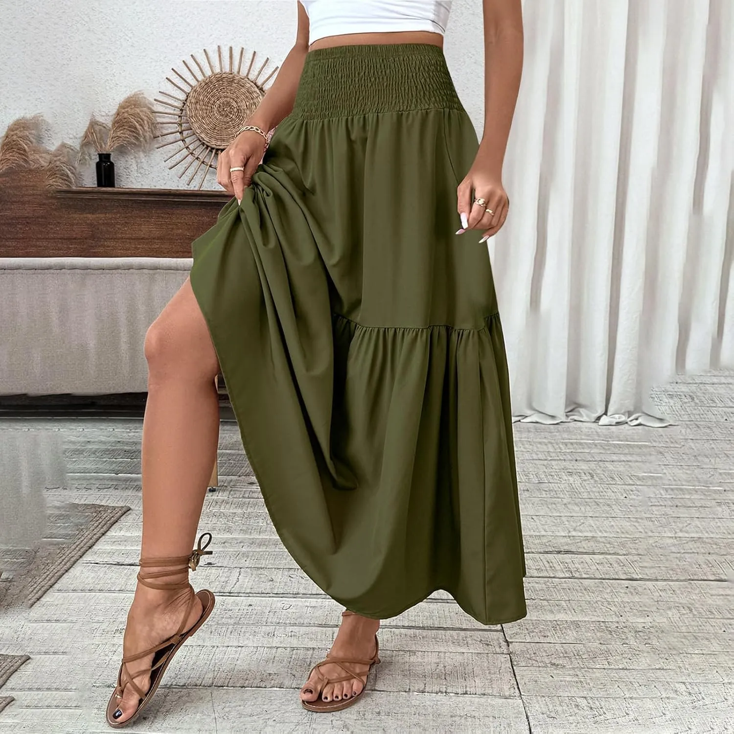 Womens Casual Maxi Skirt Elastic High Waist Flowy Swing Tiered A-line Dress Pleated Boho Vacation Long Skirts