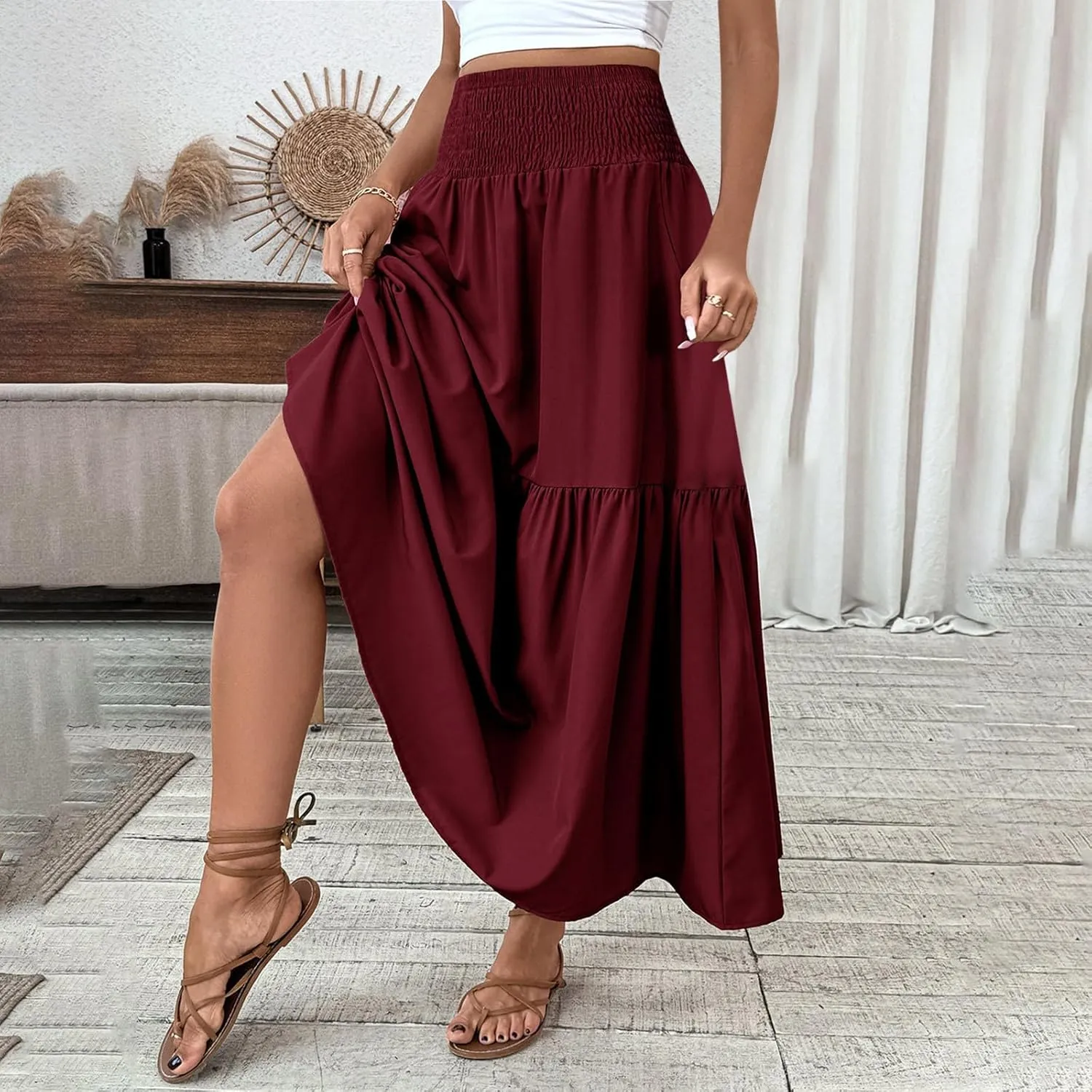 Womens Casual Maxi Skirt Elastic High Waist Flowy Swing Tiered A-line Dress Pleated Boho Vacation Long Skirts