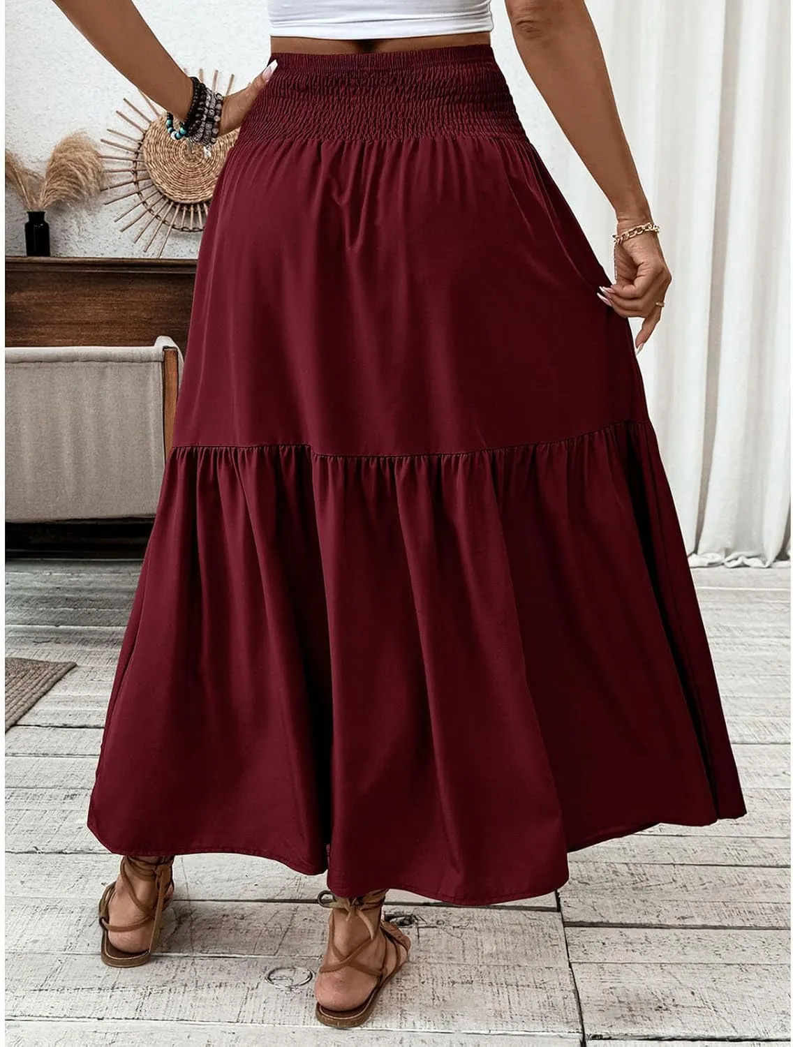 Womens Casual Maxi Skirt Elastic High Waist Flowy Swing Tiered A-line Dress Pleated Boho Vacation Long Skirts