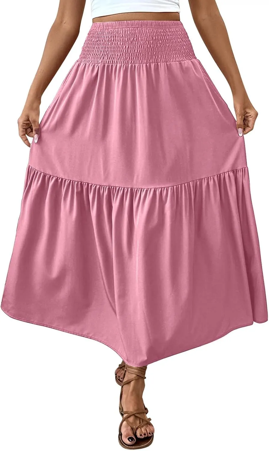 Womens Casual Maxi Skirt Elastic High Waist Flowy Swing Tiered A-line Dress Pleated Boho Vacation Long Skirts