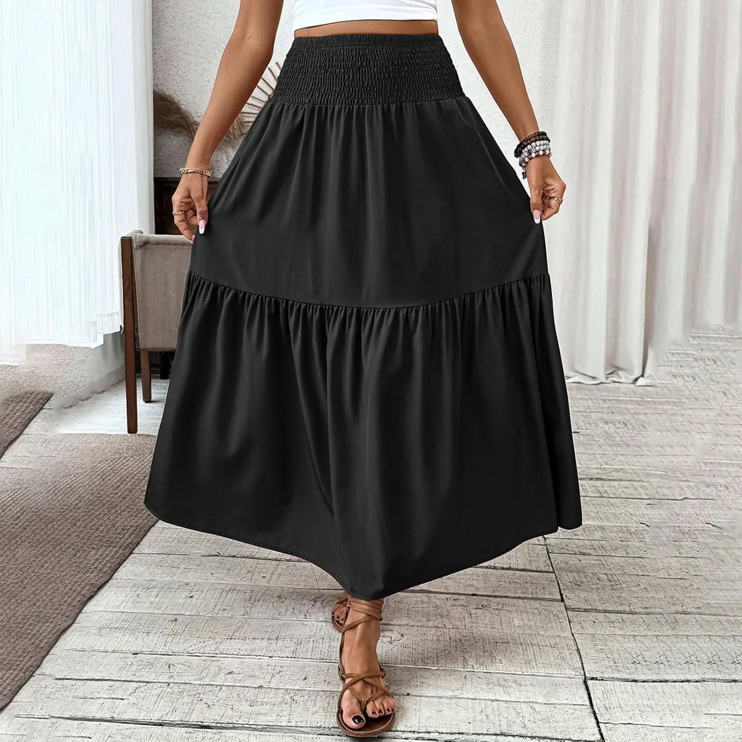 Womens Casual Maxi Skirt Elastic High Waist Flowy Swing Tiered A-line Dress Pleated Boho Vacation Long Skirts