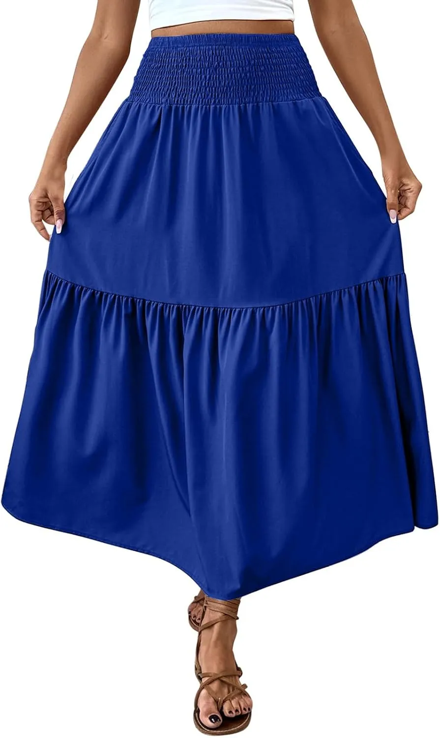 Womens Casual Maxi Skirt Elastic High Waist Flowy Swing Tiered A-line Dress Pleated Boho Vacation Long Skirts