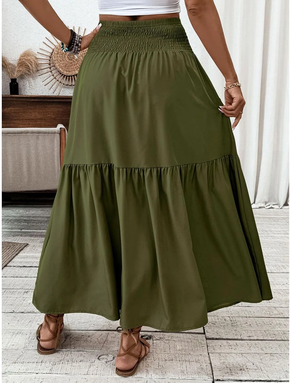 Womens Casual Maxi Skirt Elastic High Waist Flowy Swing Tiered A-line Dress Pleated Boho Vacation Long Skirts