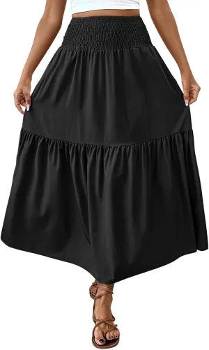 Womens Casual Maxi Skirt Elastic High Waist Flowy Swing Tiered A-line Dress Pleated Boho Vacation Long Skirts