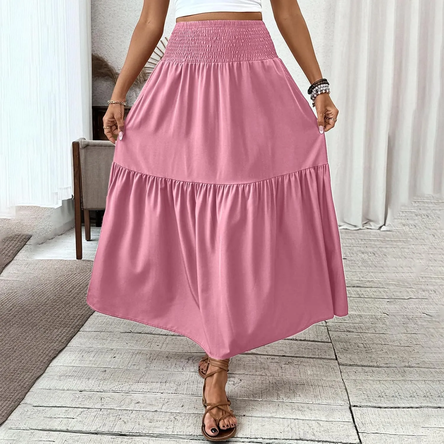 Womens Casual Maxi Skirt Elastic High Waist Flowy Swing Tiered A-line Dress Pleated Boho Vacation Long Skirts