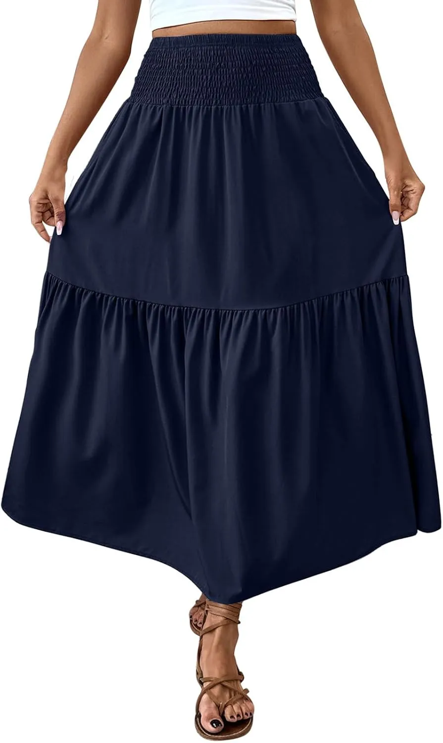 Womens Casual Maxi Skirt Elastic High Waist Flowy Swing Tiered A-line Dress Pleated Boho Vacation Long Skirts