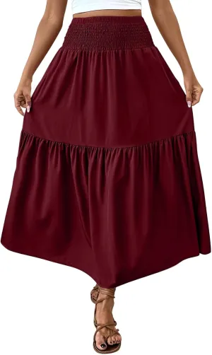 Womens Casual Maxi Skirt Elastic High Waist Flowy Swing Tiered A-line Dress Pleated Boho Vacation Long Skirts