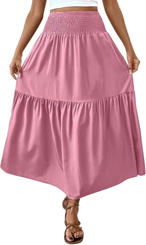 Womens Casual Maxi Skirt Elastic High Waist Flowy Swing Tiered A-line Dress Pleated Boho Vacation Long Skirts