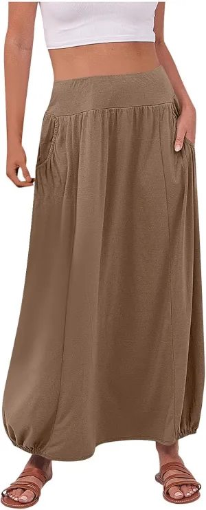 Womens Casual Maxi Skirts Trendy Elastic Waist Loose Long Skirt with Pocket Summer Solid Beach Vacation Outfits 2025