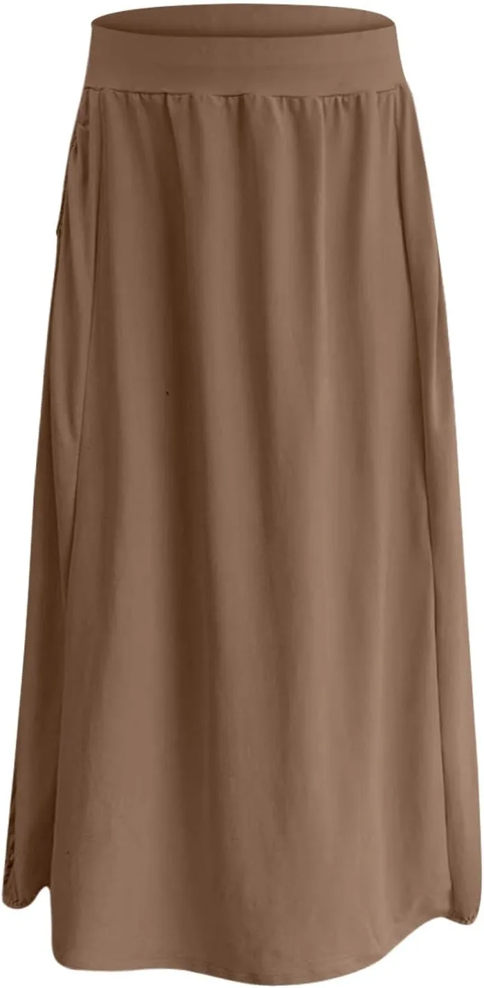 Womens Casual Maxi Skirts Trendy Elastic Waist Loose Long Skirt with Pocket Summer Solid Beach Vacation Outfits 2025