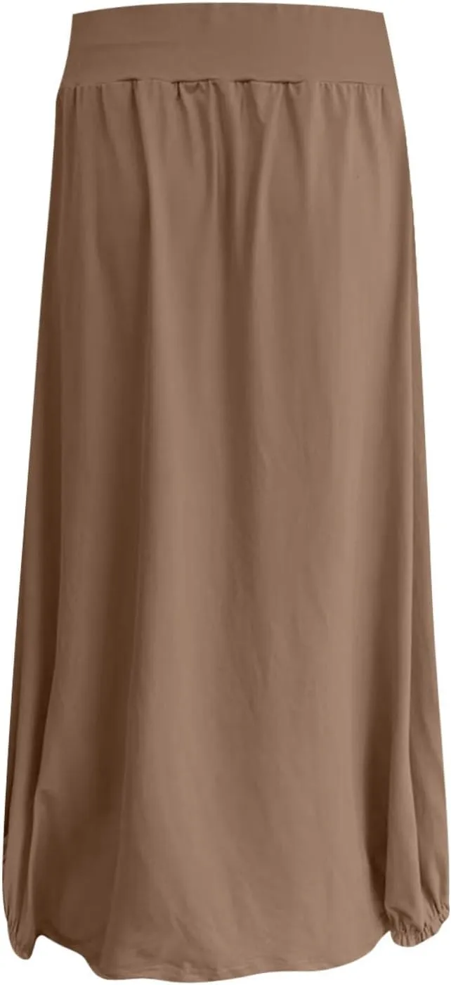 Womens Casual Maxi Skirts Trendy Elastic Waist Loose Long Skirt with Pocket Summer Solid Beach Vacation Outfits 2025
