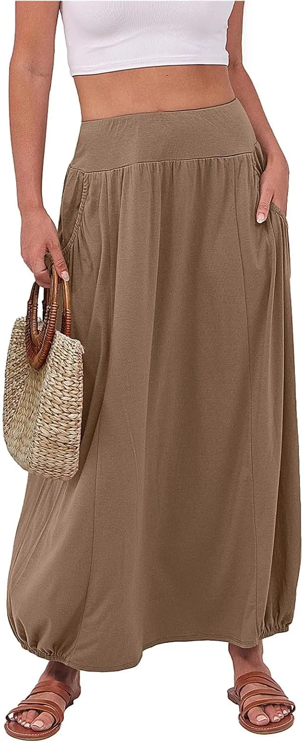 Womens Casual Maxi Skirts Trendy Elastic Waist Loose Long Skirt with Pocket Summer Solid Beach Vacation Outfits 2025