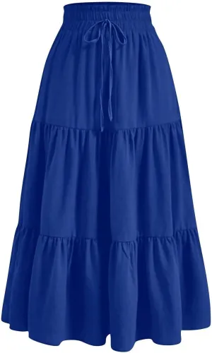 Women's Casual Skirts Summer Boho Flowy Midi Skirt A Line Pleated Long Skirts Tiered Elastic High Waisted Skirt